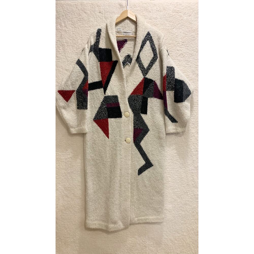 Vintage Long Cardigan with Abstract Geo Pattern Cacoon Style Small Chunky Knit